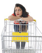 standing young woman with empty shopping cart.