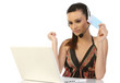woman with laptop creditcard and microphone