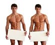 Naked Muscular Man Covering with a Box Isolated on White