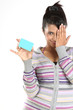 Teenage girl with blue blank credit card