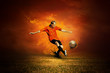 Football player on the field and fire