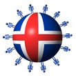 circle of people around Icelandic flag sphere illustration