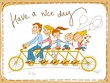 Happy family riding a tandem bicycle
