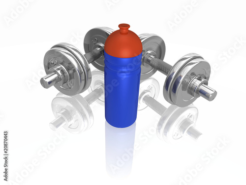 Illustration: chrome dumbbells and drinking bottle chrome dumbbells and drinking bottle