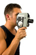 man with old fashioned film camera over white background