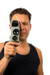 man with old fashioned film camera over white background