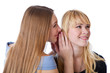 Two happy young girlfriends telling secret