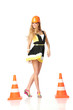 Sexy construction woman in orange hard hat wearing mini dress