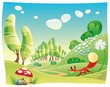 Fox in the wood. Funny cartoon and vector scene.