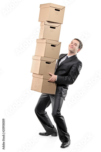 Businessman carrying paper boxes isolated on white Businessman carrying paper boxes isolated on white