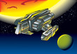 Spaceship between two planets, vector illustration