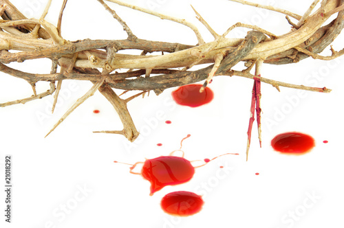 Photo: Crown of Thorns and Blood Drops on White Background. Crown of Thorns and Blood Drops on White Background.