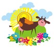 Rural background with cute cartoon cow. Vector illustration.