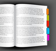Open book with colorful bookmarks