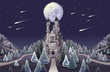 Panorama with medieval castle in the night. Vector illustration