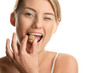 Woman with walnut winking Woman with walnut winking