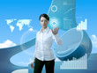 Attractive brunette with interface in future interior Attractive brunette with interface in future interior