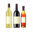 Bottles of red and white wine and cognac. Vector illustration.
