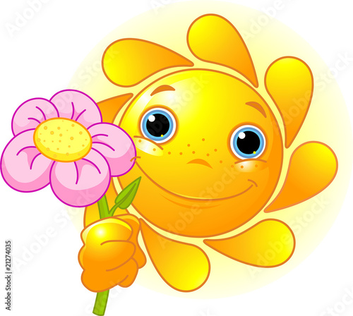 .Cartoon Character of Cute Summer Sun giving a flower