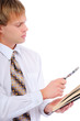 Young man with magnifier by read book