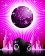 Vector music illustration with speakers and disco ball.