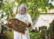 Beekeeper holding bees and honeycomb