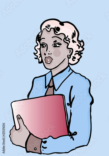 Illustration: Business woman with laptop in hand retro pinup style Business woman with laptop in hand retro pinup style