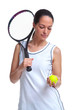Woman tennis player holding a ball and racket