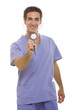 Surgeon in scrubs holding a stethoscope