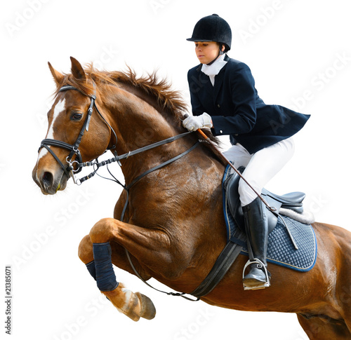 Photo: Young girl jumping with sorrel horse - isolated on white Young girl jumping with sorrel horse - isolated on white