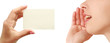 Women talking, business card in hand Women talking, business card in hand