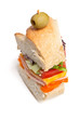 piece of long baguette sandwich with lettuce, slices of fresh ve piece of long baguette sandwich with lettuce, slices of fresh ve