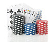 colorful gambling cards and chips for casino games isolated over