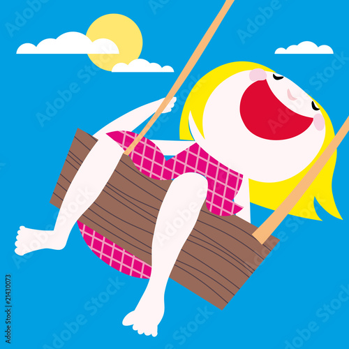 happy girl in swing vector cartoon illustration