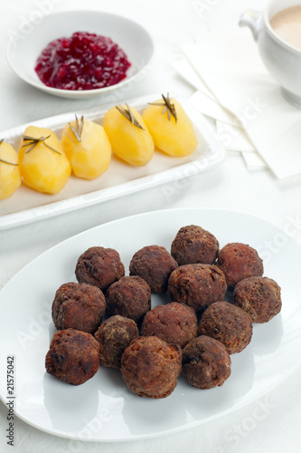 Photo: Swedish Kottbullar meatball with brunas sauce, boiled potatoes Swedish Kottbullar meatball with brunas sauce, boiled potatoes