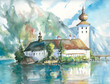 Palace on the lake watercolor painted.