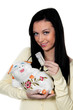 Woman with piggy bank and the dollar bill. Save.