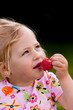 Child eating a strawberry in the garden