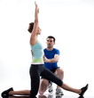 stretching posture by a couple, on studio white background
