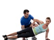 couple on Abdominals workout posture on white background