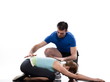 stretching posture by a couple, a on studio white background