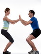 couple, man and woman doing workout on white isolated background