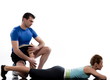 couple, man and woman doing workout on white isolated background