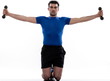 man doing workout with weights on white isolated background