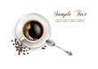 coffee in white cup with a spoon and coffee beans coffee in white cup with a spoon and coffee beans