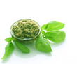 Italian Pesto sauce and fresh basil isolated on white