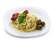 Italian Pasta with Pesto sauce,olives,basil and dried tomato