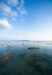 Peoples walking on low water in time of ebb. Island Koh Chang