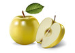 yellow apples and leaves on a white background