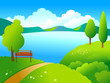 Rural landscape with green trees and blue like.